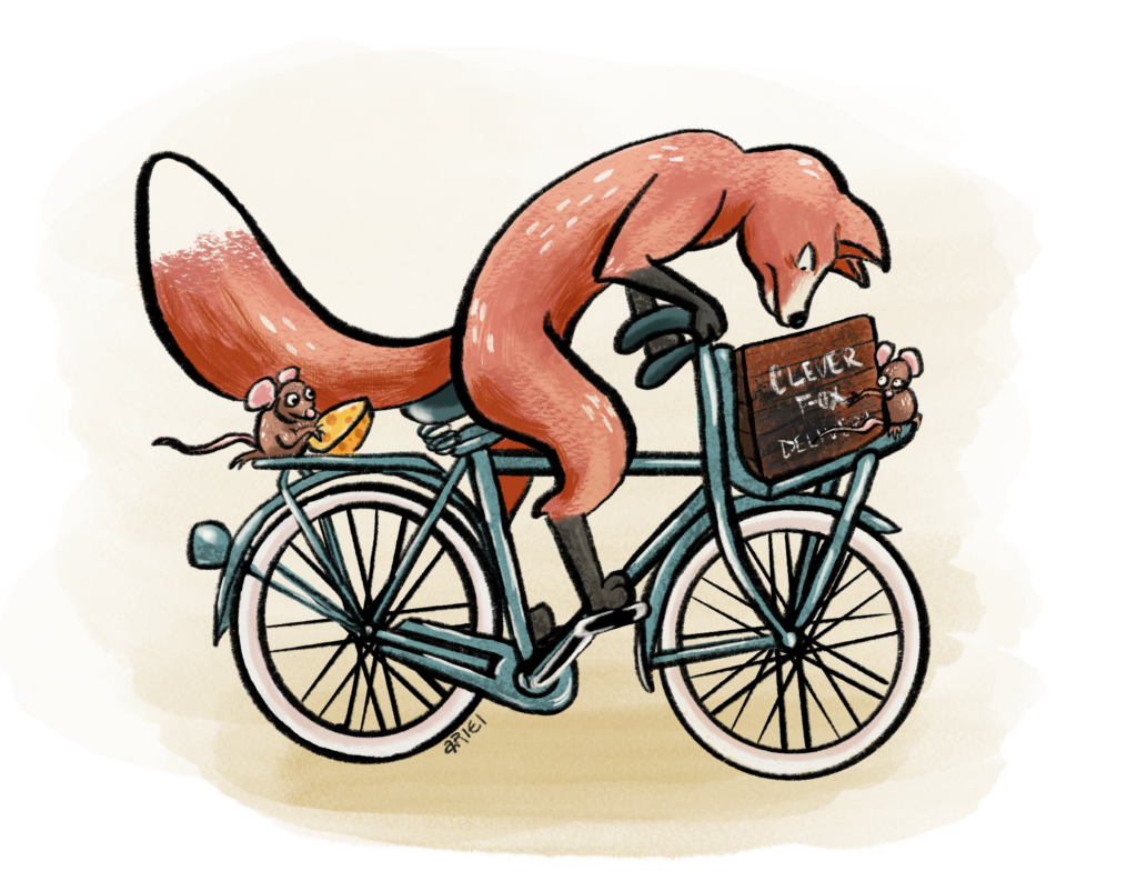 Illustration called "The Heist" of a fox riding a delivery bike with thieving mice
